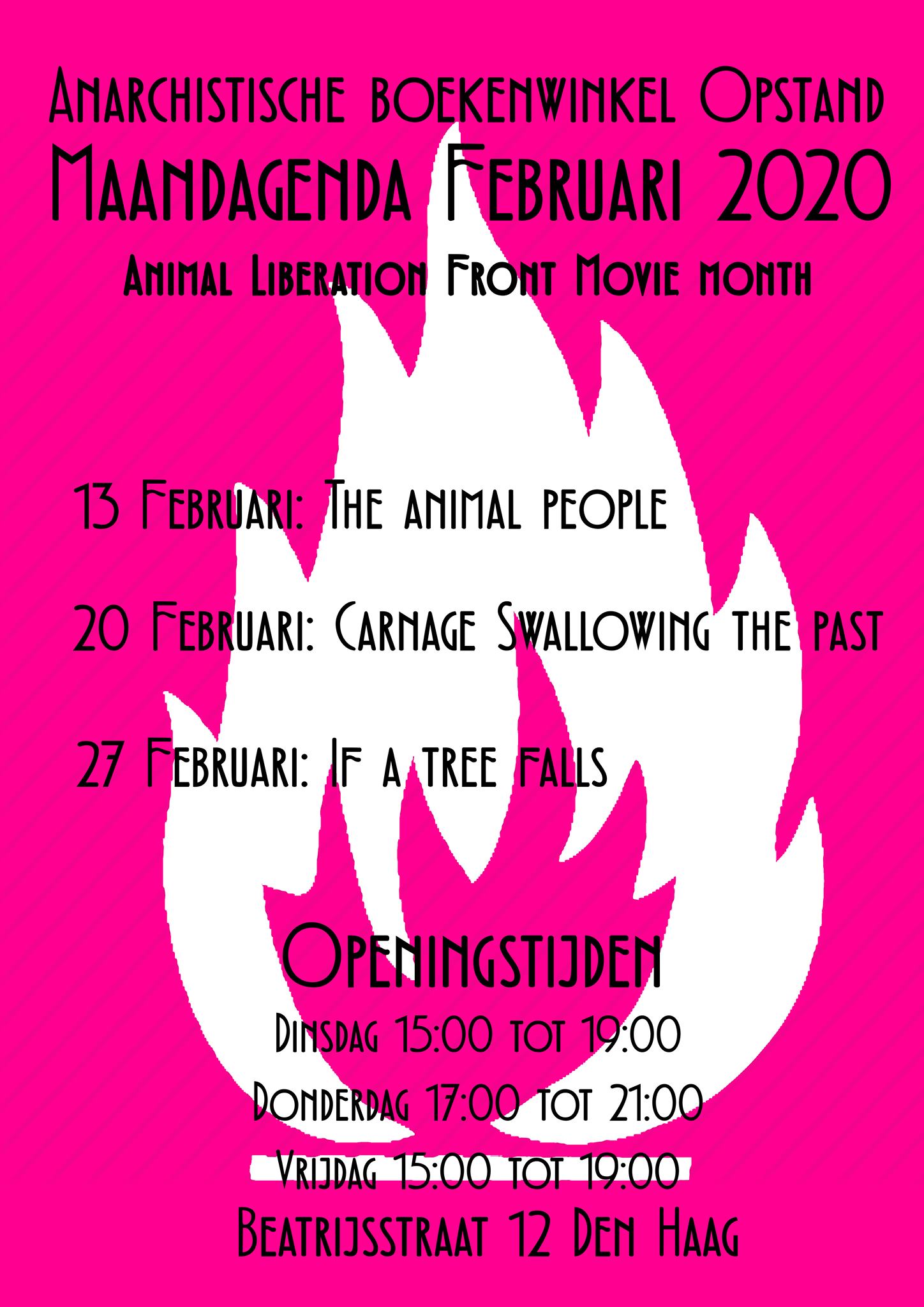 De Maandagenda van Februari 2020. Een pink beel met eein witte vuur symbol als achtergrond, daarop de datum van de evenets welke zullen plaatsvinden